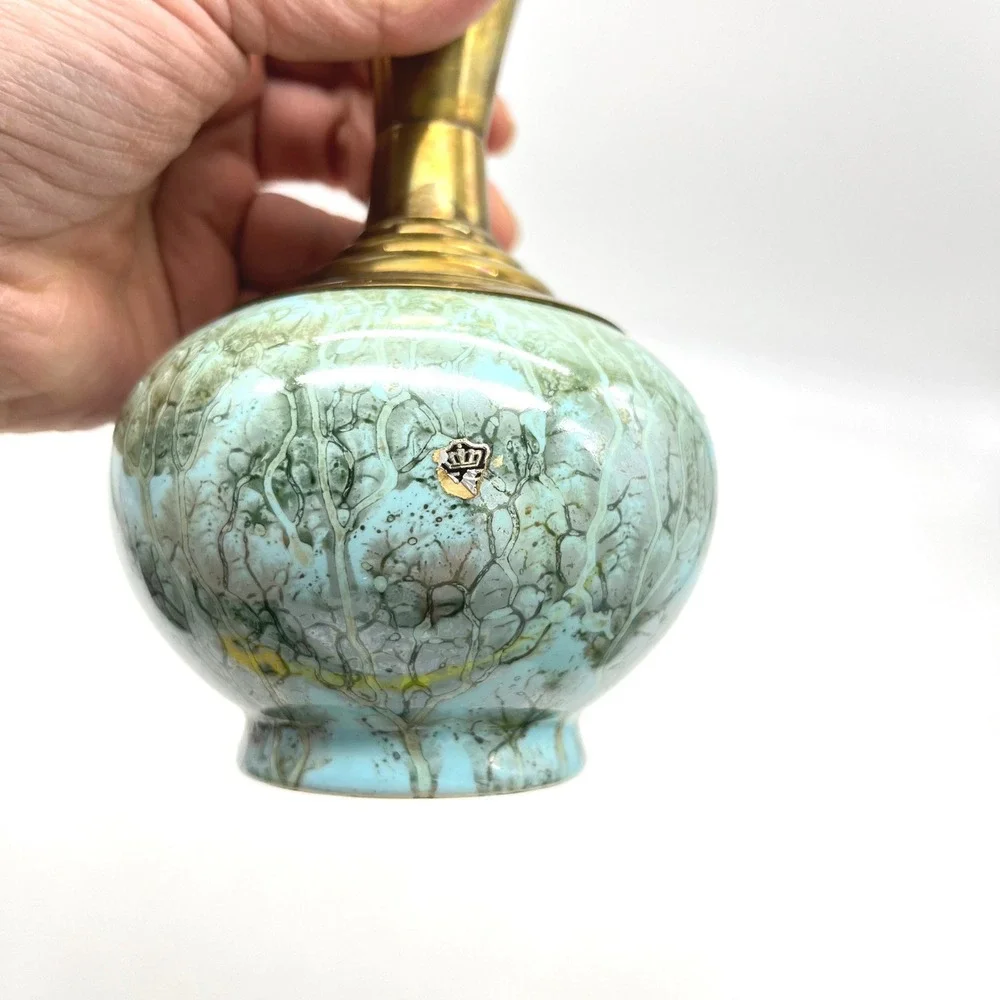 Vintage Holland Turquoise Crackle Ceramic and Brass‎ Flared Bud Vase MCM